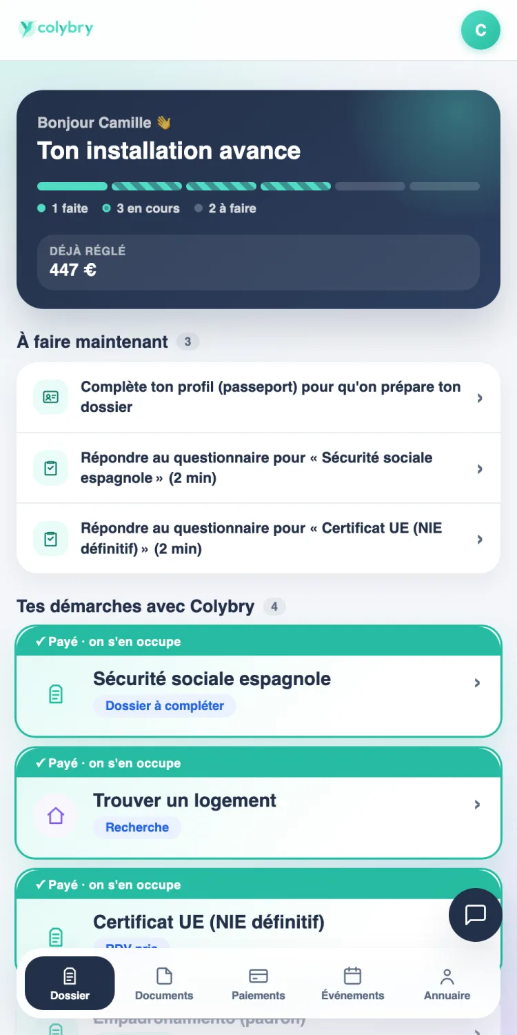 Aperçu de l'espace client Colybry sur mobile : avancement de l'installation, choses à faire et démarches en cours