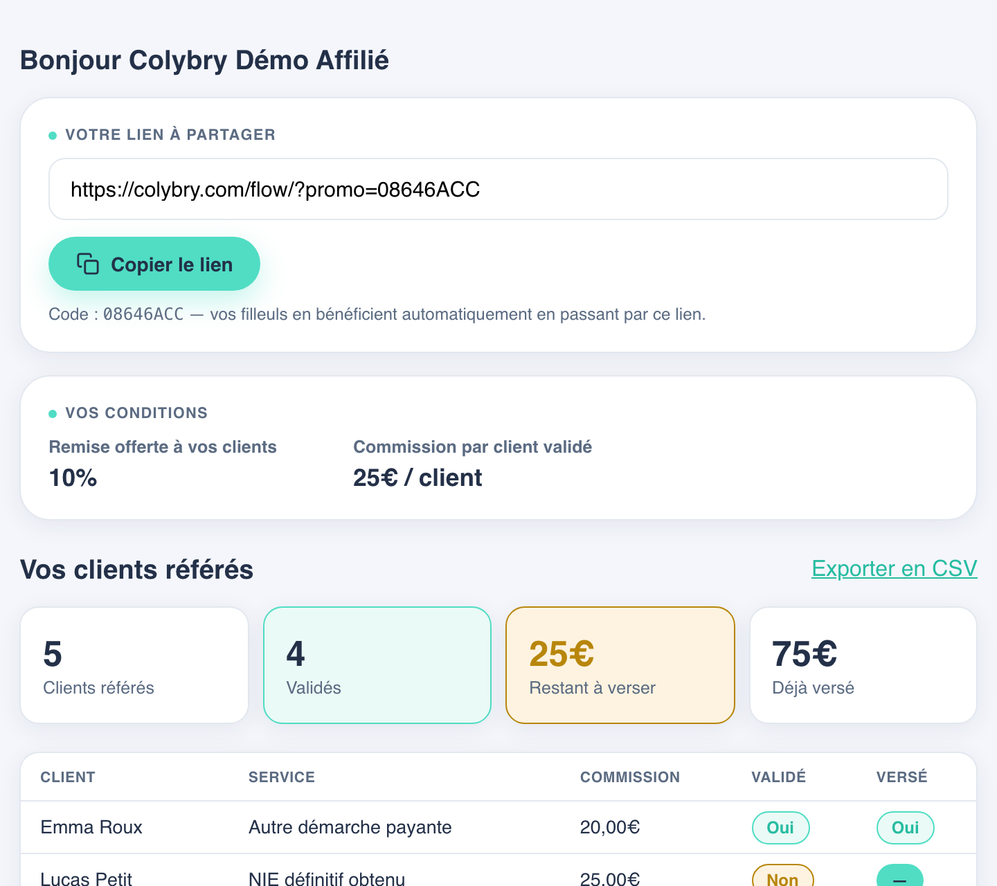 Aperçu de l'espace affilié Colybry