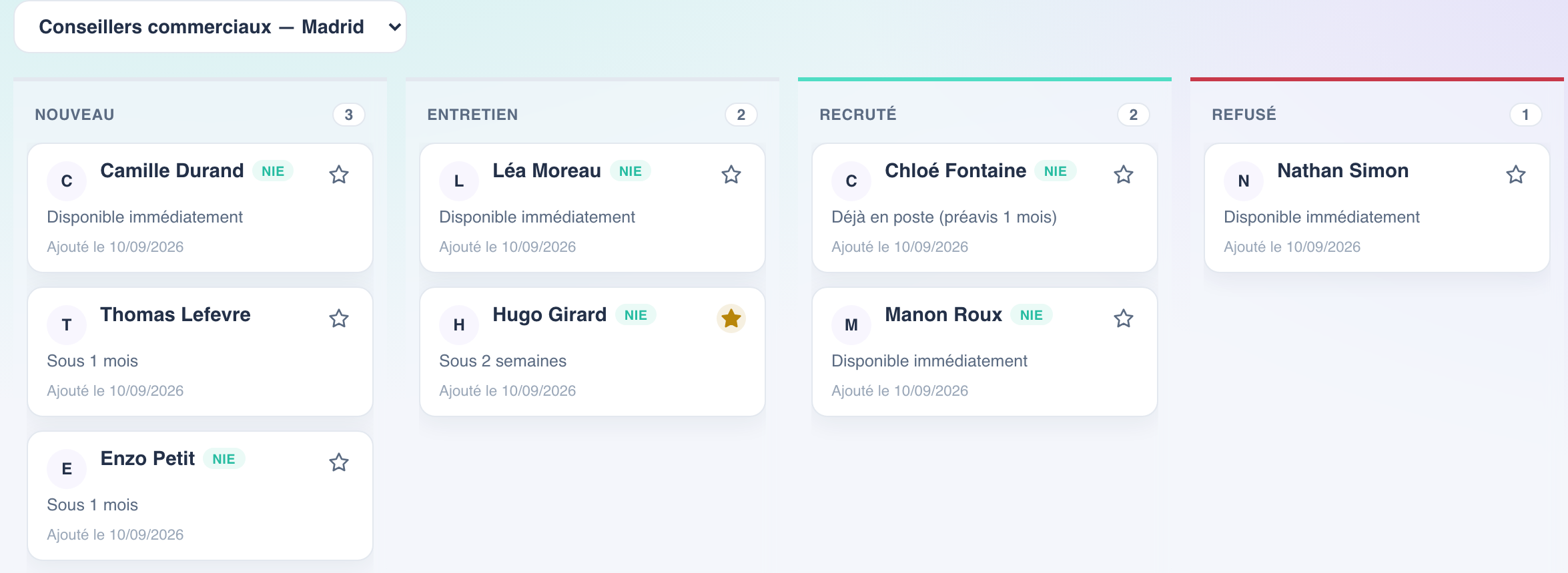 CVthèque space preview: candidates tracked by status