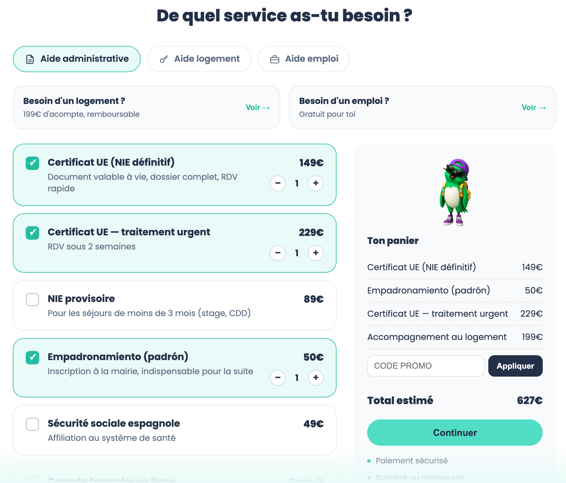 Aperçu du configurateur : sélection des démarches à la carte